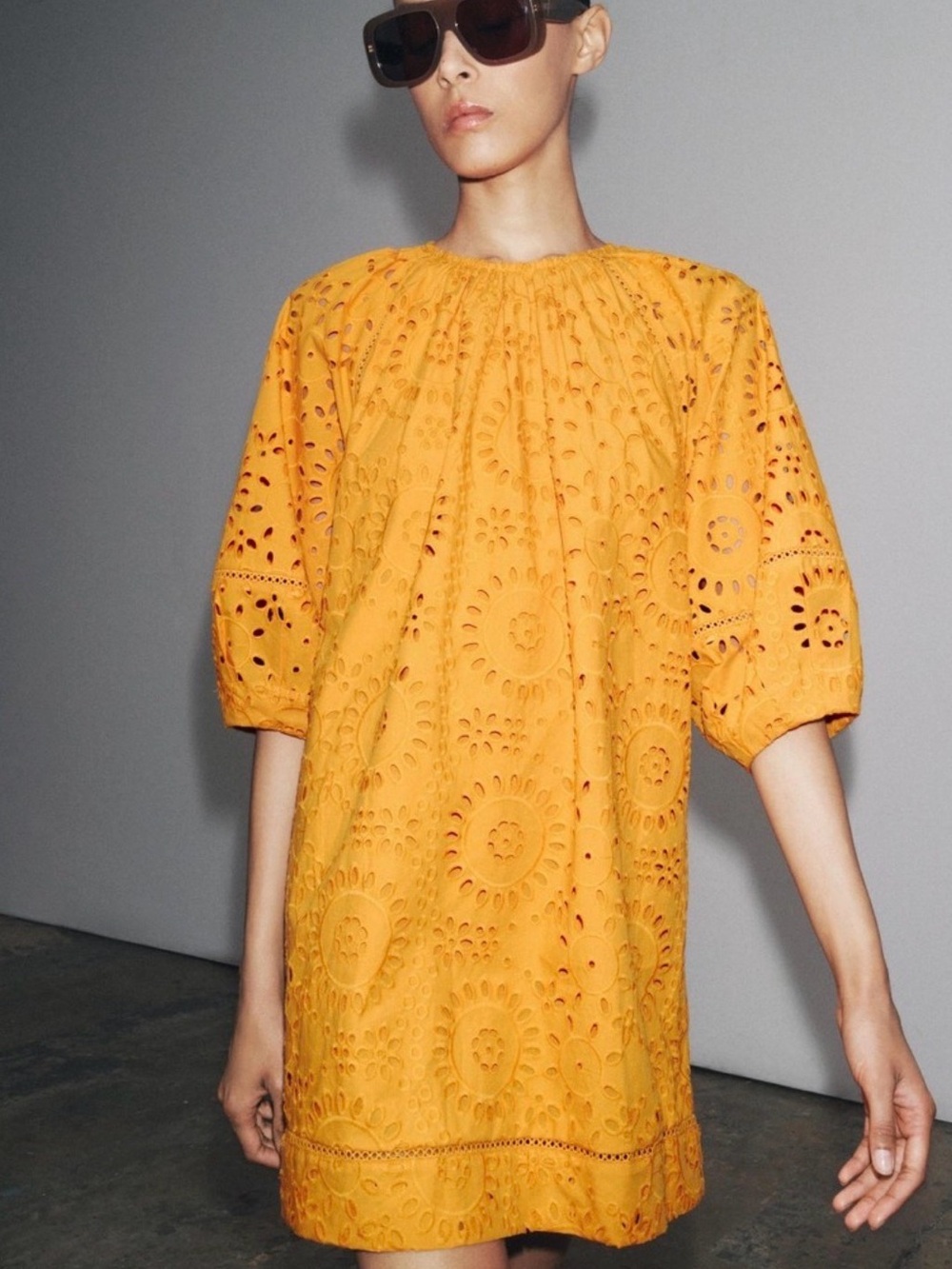 Zara Yellow Eyelet Mini Dress with Puff Sleeves